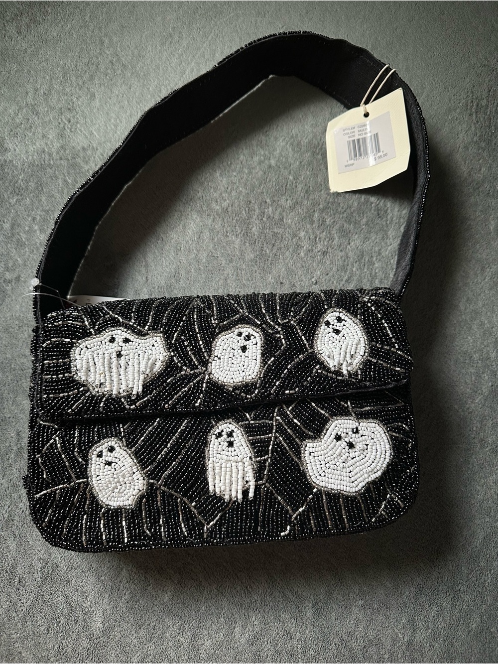 NWT! Beaded Black Shoulder Bag with White Ghost Motif